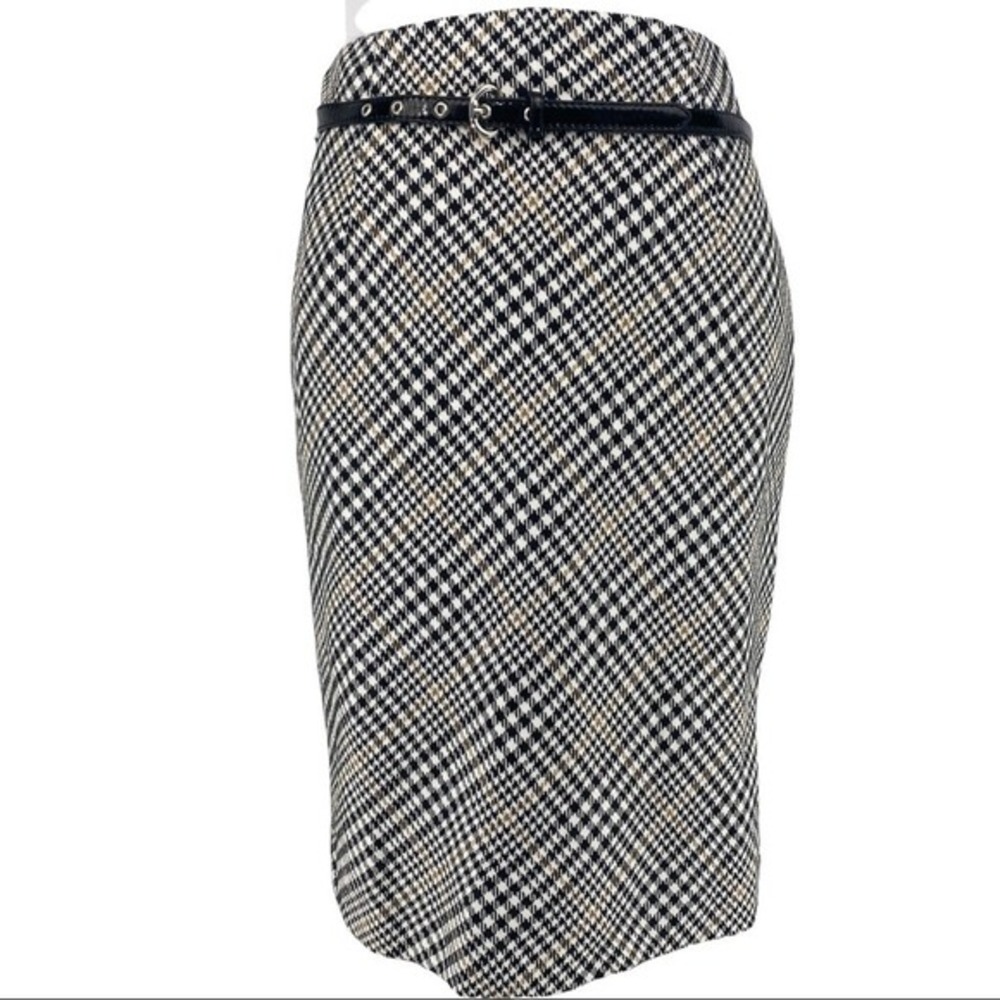 Premise Newbury Womens Plaid Pencil Skirt Black Houndstooth Belted Size 4 NWT
